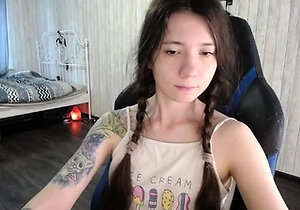 Small titted brunette teen fingering on the bed